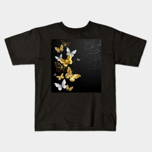 Gold and White Butterflies on black background Kids T-Shirt